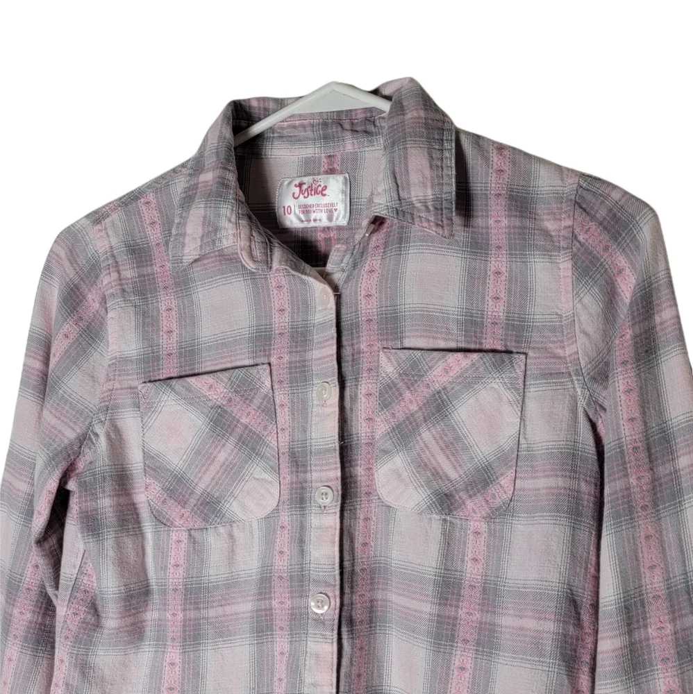 Justice girls size 10 pink gray plaid flannel button down shirt